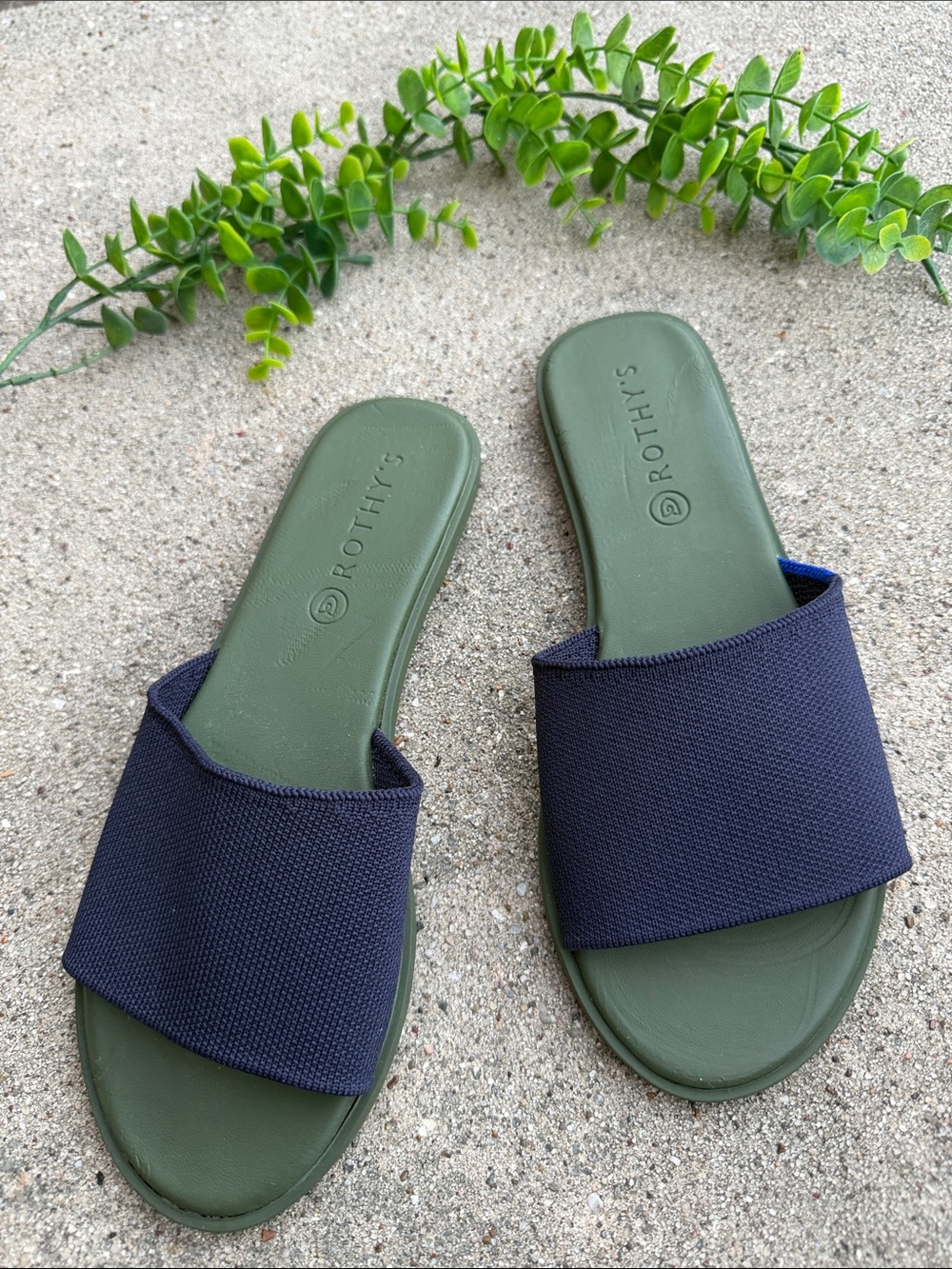 Rothy's Olive Green Slide Sandals with Navy Straps